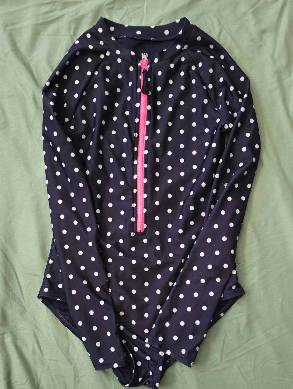 Girls' GAP Navy Polka Dot Long-Sleeve One-Piece Swimsuit with Pink Zip